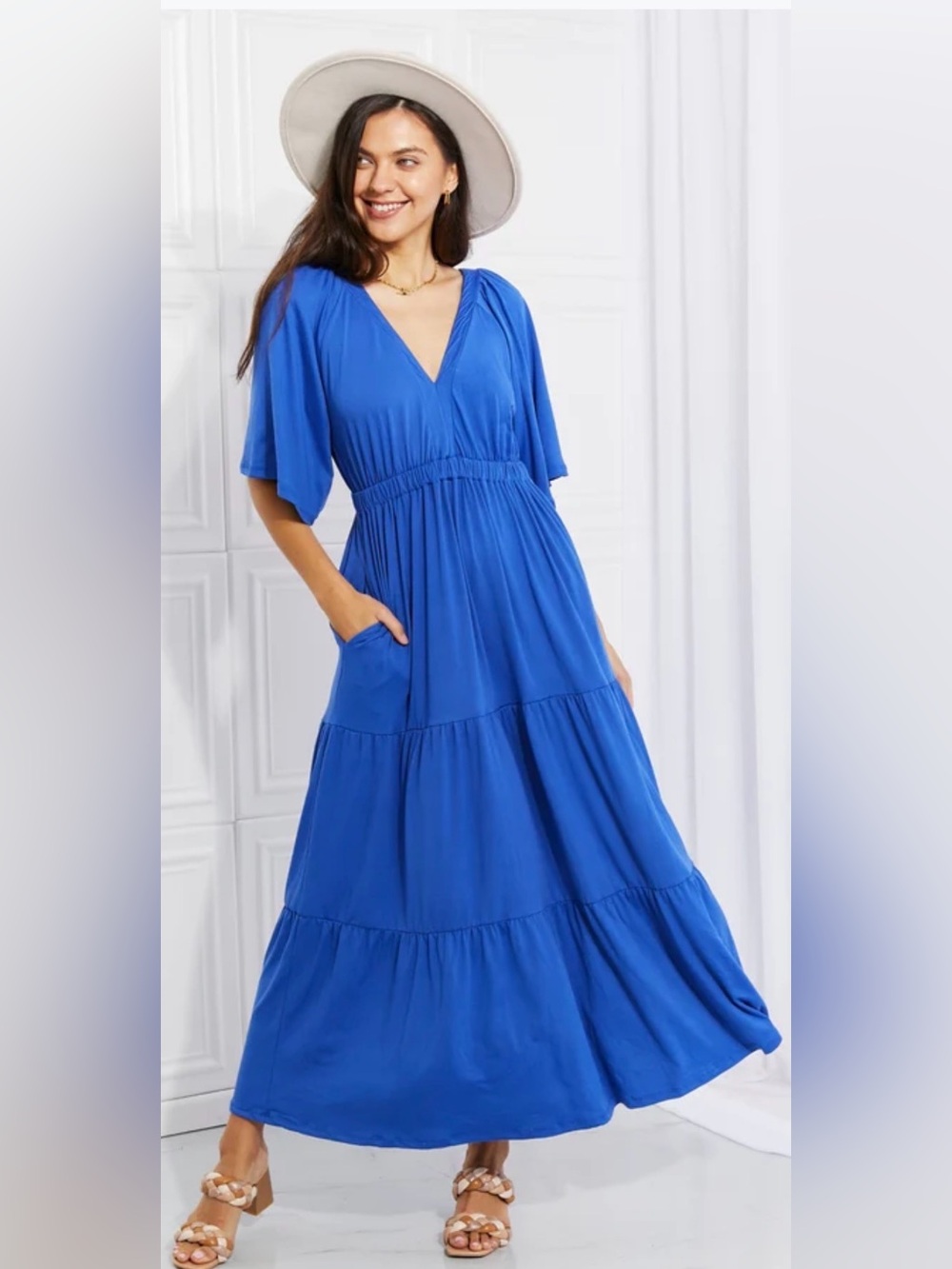 Culture Code My Muse Flare Sleeve Tiered Maxi Dress in Cobalt Blue